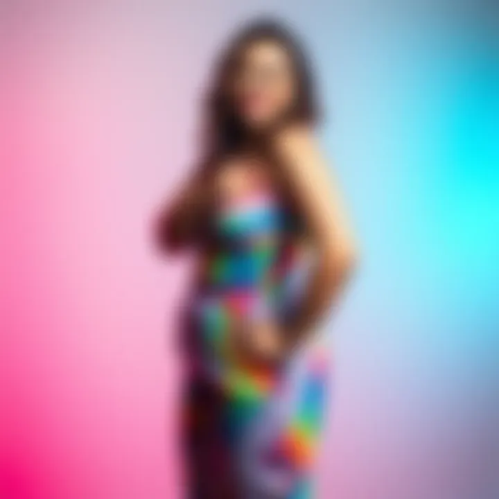 Calli confidently poses in a colorful outfit that highlights her curves, smiling and embodying body positivity