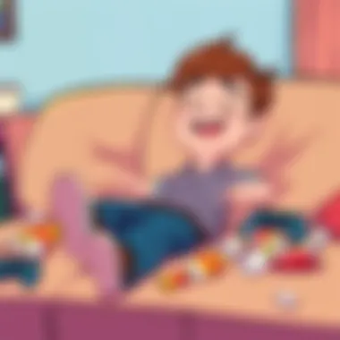 A cartoon depiction of Calli lounging on a sofa, surrounded by empty snack wrappers and gaming controllers, with a relaxed expression, symbolizing a carefree attitude as a 'deadbeat dad'.