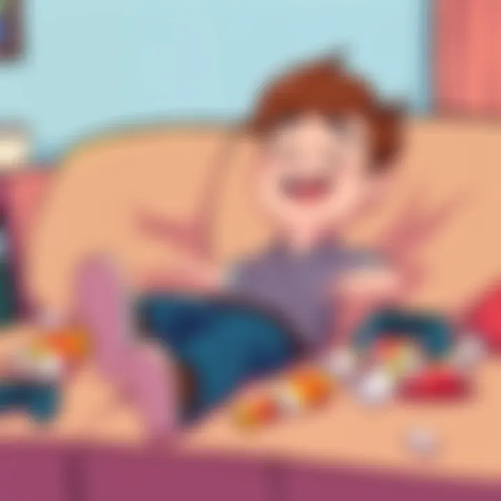 A cartoon depiction of Calli lounging on a sofa, surrounded by empty snack wrappers and gaming controllers, with a relaxed expression, symbolizing a carefree attitude as a 'deadbeat dad'.