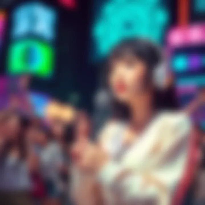 Calli with a microphone promoting her new song 'Reimei Compass' from Patlabor EZY, fans are excited in the background.