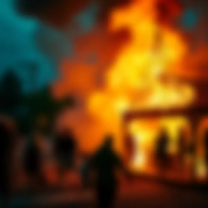 Flames engulf Calli's Cookout, causing chaos as people flee the scene.