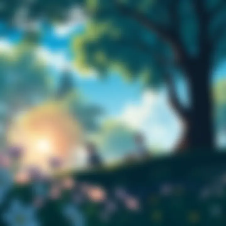 A serene scene from a peaceful anime showing characters enjoying a quiet moment in nature, surrounded by trees and flowers, perfect for relaxation.