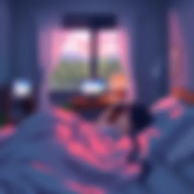 A cozy bedroom with a person resting in bed, watching a calming anime on a small screen, soft lighting creating a relaxing atmosphere.