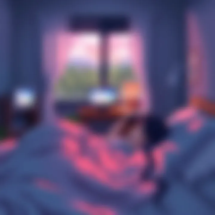 Calm Anime Scene A cozy bedroom with a person resting in bed, watching a calming anime on a small screen, soft lighting creating a relaxing atmosphere.