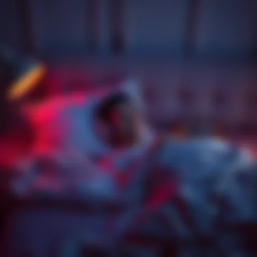 A person relaxing in bed with headphones on, surrounded by soft pillows and dim light, listening to soothing audio before sleep.