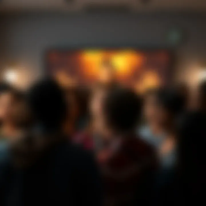 A group of diverse people expressing calm reactions while watching a character reveal on a screen, showcasing emotional strength and resilience.