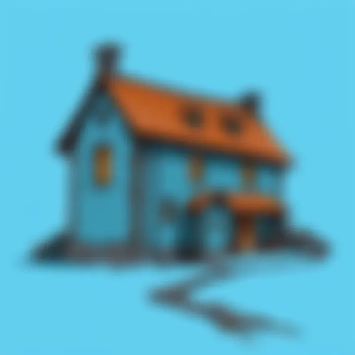 A drawing depicting a house set in a bluish background, potentially linked to Camelot and characters like Diodora or Lancelot.