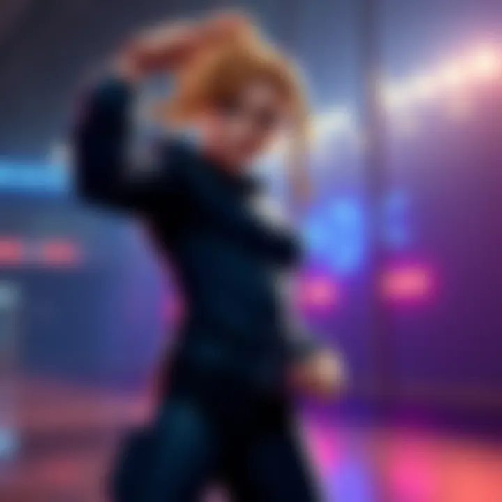 Camie demonstrating her quirk with a confident stance, showing energy and strength in her movements.