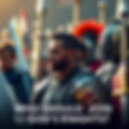 A group of diverse people discussing and debating who should join God's Knights, with swords and shields in the background