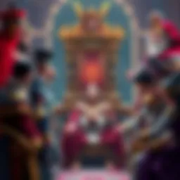 A group of diverse characters with unique traits gathered around a golden throne, discussing who might replace the God Emperor.