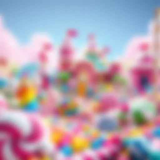 A vibrant scene of Whole Candyland Island with various candy structures and bright colors.