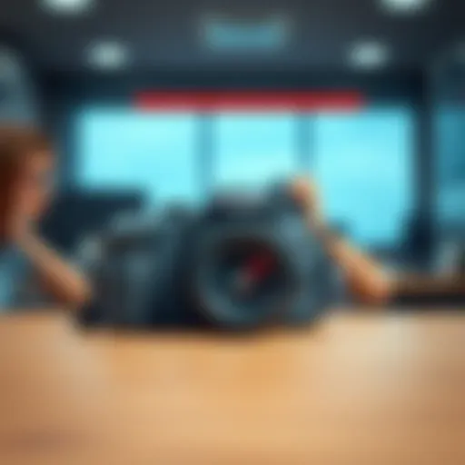 A Canon camera placed on a table with a frustrated person in the background, showing signs of disappointment.