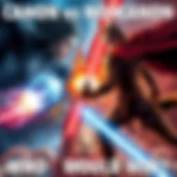 Canon vs Non-Canon Characters Battle A showdown between iconic characters representing canon and non-canon backgrounds, illustrating their unique powers and abilities in a clash.