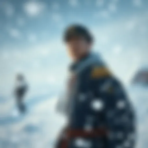 Captain Komamura standing in a snowy landscape, surrounded by falling snowflakes, with a surprised look on his face.