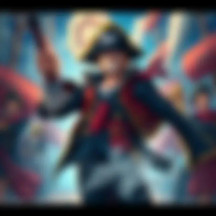 Illustration of Captain as a pirate leader in the One Piece universe, surrounded by crew members and ships, showcasing strength and leadership