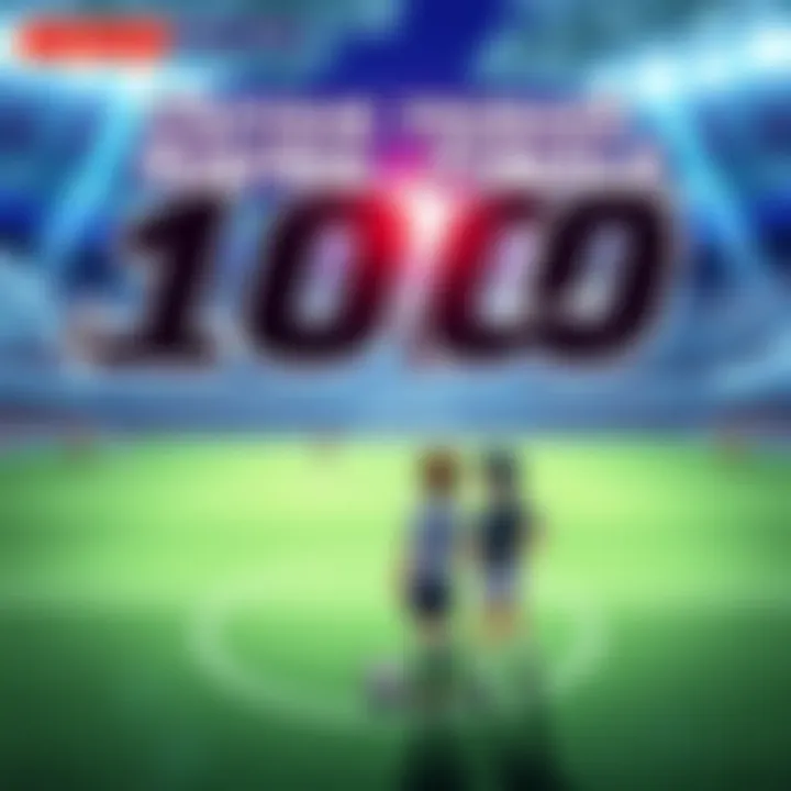 Announcement of the temporary break for Captain Tsubasa Rising Sun Finals after reaching 100 chapters, with a background of a soccer field and characters from the series looking forward to exciting up...