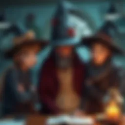 A worried caretaker surrounded by students Coco and Agott, depicting a scene of concern in a magical classroom setting.