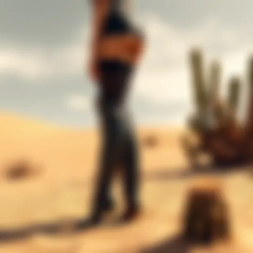 Carmine Esclados wearing black thigh high boots in a desert setting, surrounded by sand dunes and cacti