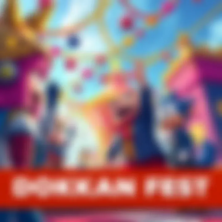 Colorful carnival scene with festive decorations and characters celebrating Dokkan Fest