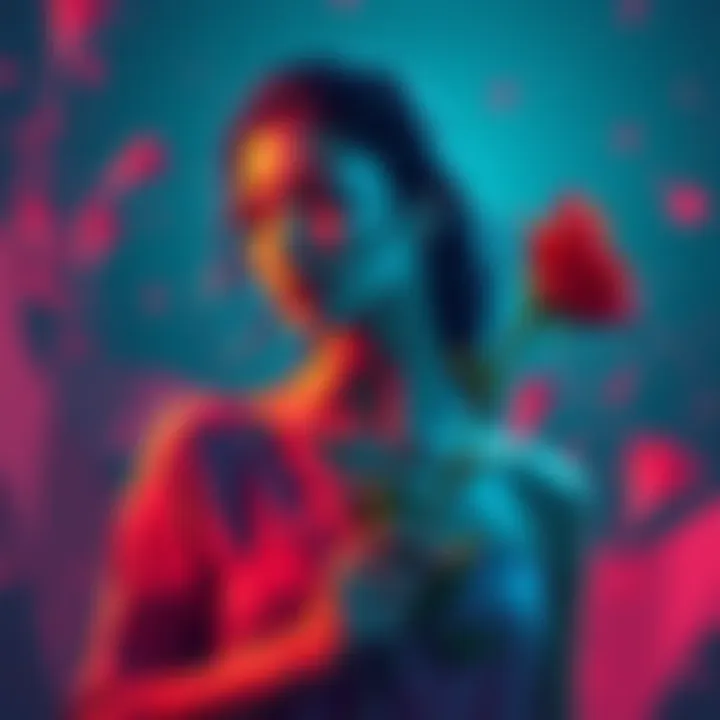 Carrying Her Rose Artwork A vibrant art piece depicting a woman holding a rose, symbolizing beauty and creativity in the art community.