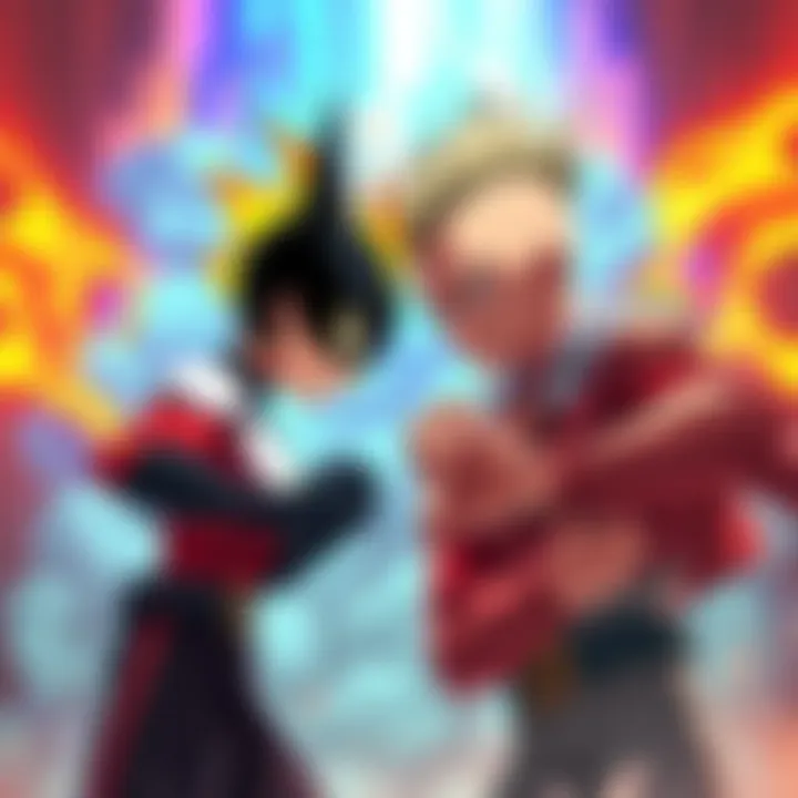 Heatblast and One Punch Man face off in an epic battle, with colorful backgrounds representing their respective worlds.