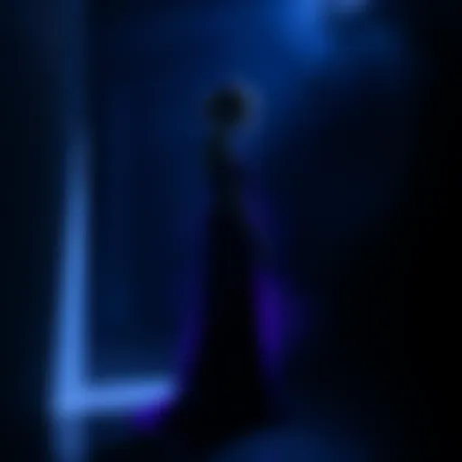 Casseé Amethyst standing in a dimly lit area, surrounded by shadows, wearing a flowing dress and looking contemplative.