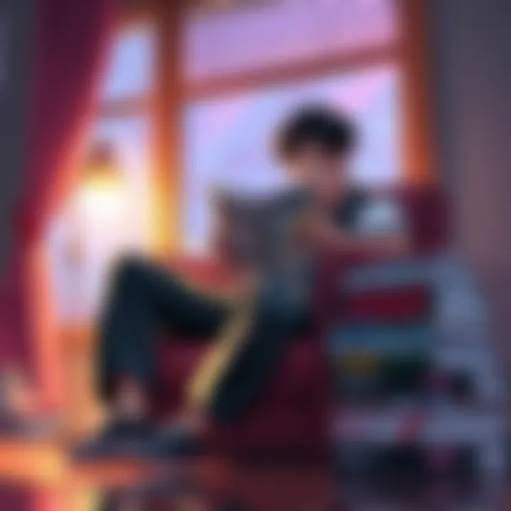 A person sitting comfortably with a manga book in hand, engrossed in reading, with a stack of various manga volumes nearby.