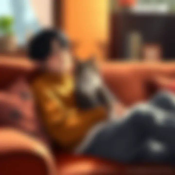 A person sitting on a cozy sofa with a cat in their lap, both looking content and happy