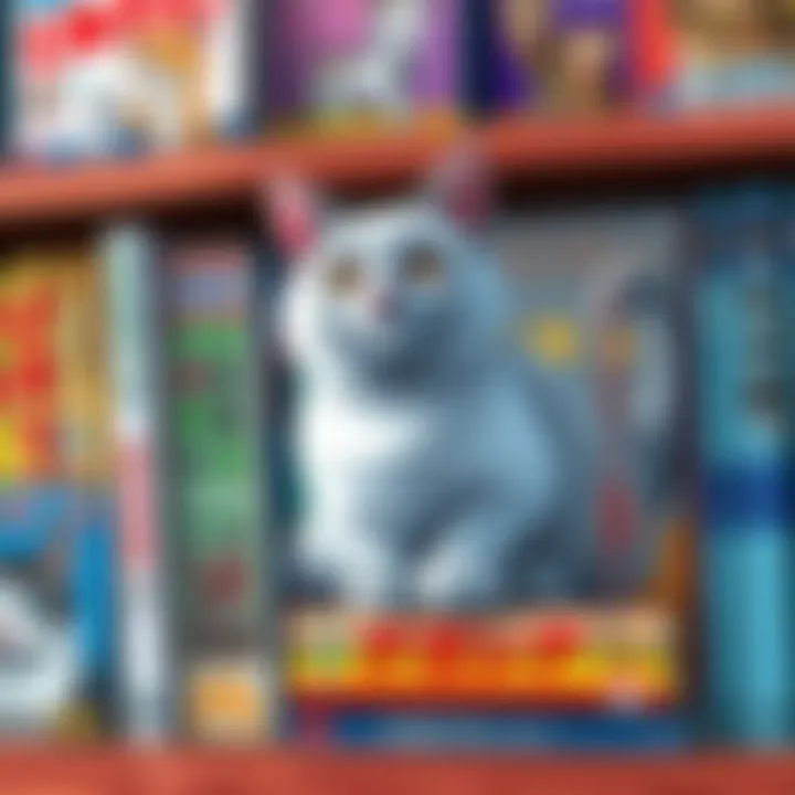 A collection of cat manga books on a shelf, showcasing colorful covers and various titles featuring cats.