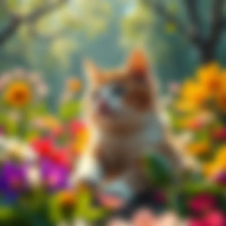 A playful cat exploring a whimsical world filled with colorful flowers and trees, blending fantasy and reality.