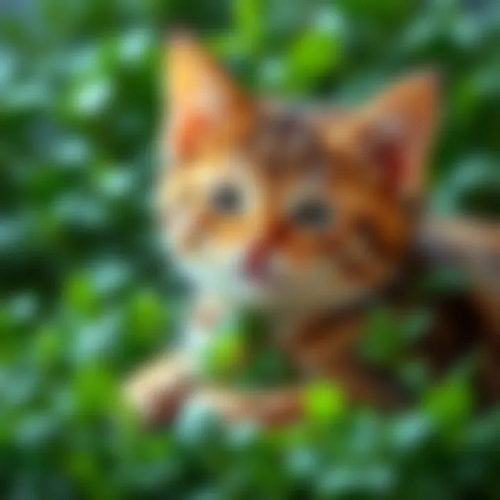 A playful cat enjoying a pile of fresh catnip, surrounded by green leaves