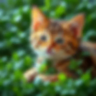 Cat playing with catnip A playful cat enjoying a pile of fresh catnip, surrounded by green leaves