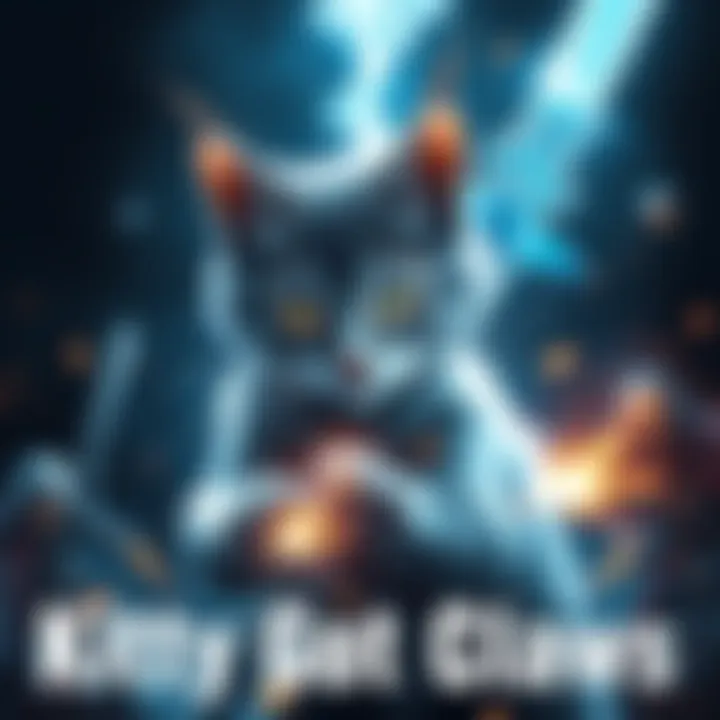A cat transformed into a sword, glowing with magical energy, surrounded by sparkling battle scenes.