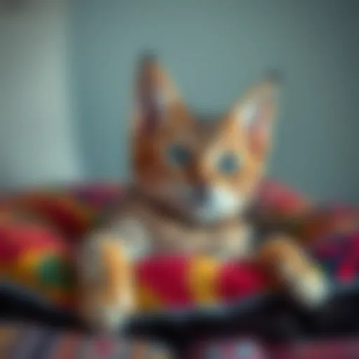 A playful cat without ears, happily resting on a colorful pillow, embodying feline characteristics without traditional features.