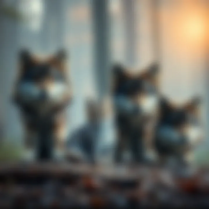 A cat peacefully sitting among a wolf family in a forest setting, showcasing their unique bond.