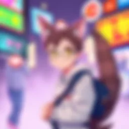 A character with cat ears and a fluffy tail, dressed in casual clothing, smiling and posing playfully, surrounded by colorful graphics related to online communities.