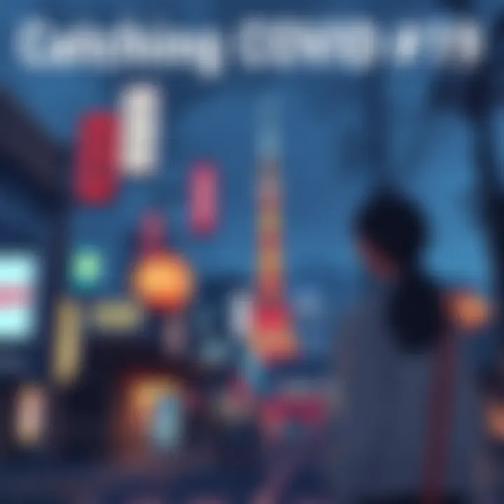 A person reflecting on their experience of catching COVID-19 in Japan, with a background of a cityscape and cultural elements.