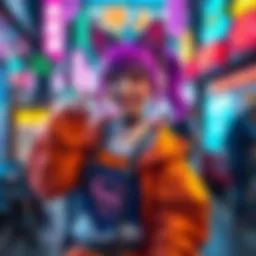A cheerful catgirl character with cat ears and a colorful outfit, posing playfully in a vibrant pop culture setting.