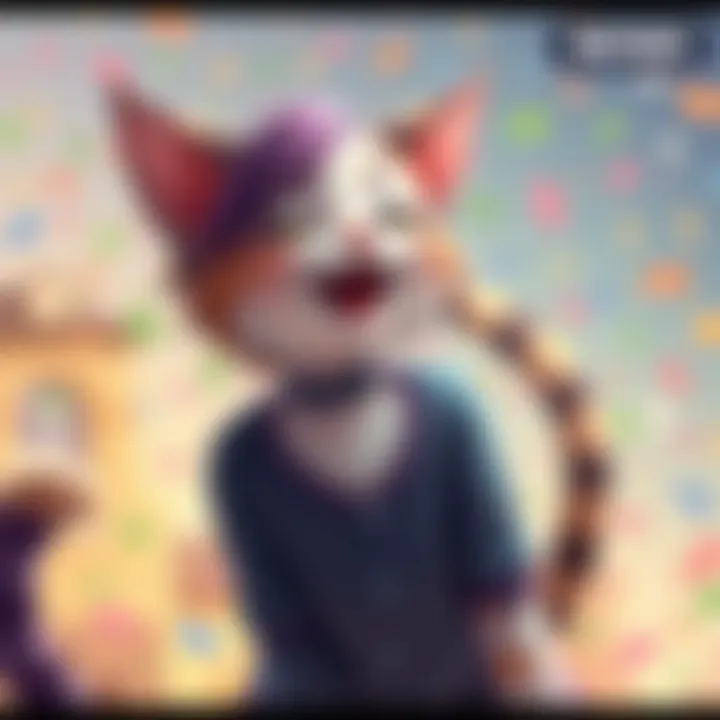 A playful catgirl with feline features, including ears and a tail, expressing joy in a colorful setting.