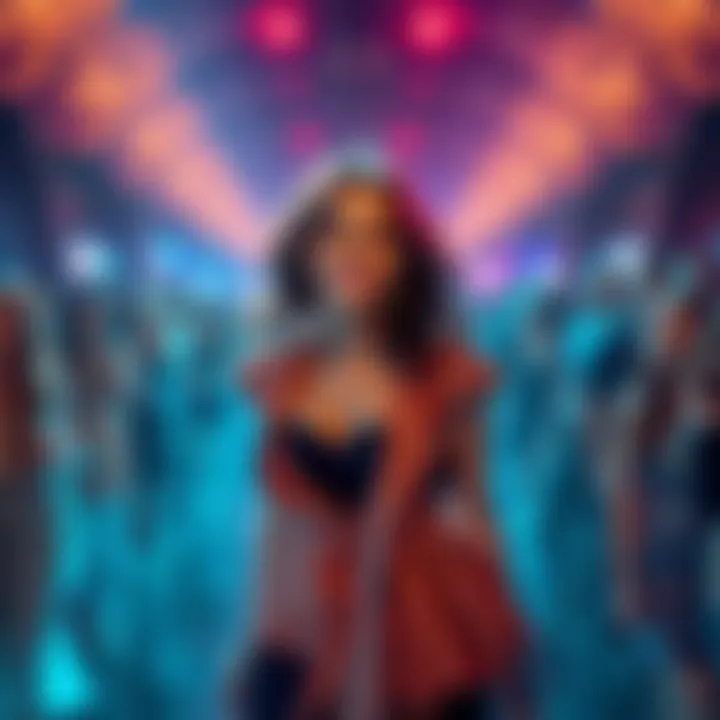 Cath stands confidently in a crowd, radiating charm and energy, surrounded by captivated friends and onlookers.