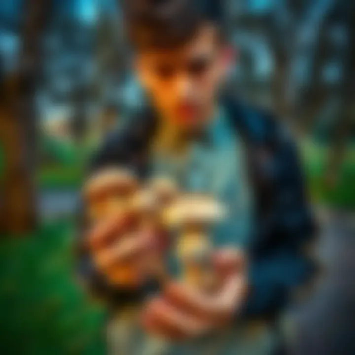 A person caught with psilocybin mushrooms in a park, looking concerned as they hold the mushrooms in their hands.