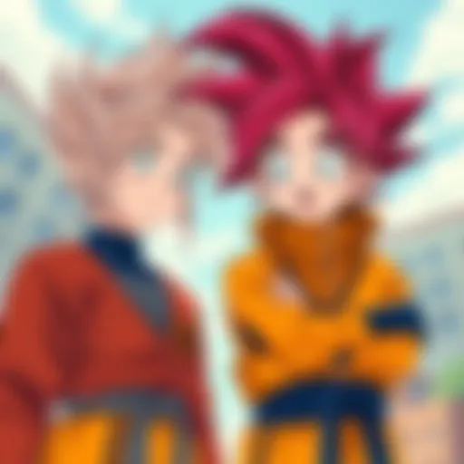 Caulifla and Trunks in Goku and Bulma's outfits, showing their surprised expressions as they adapt to their new lives.