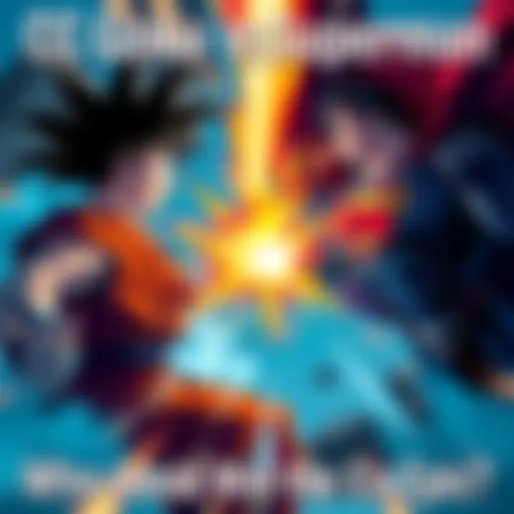 CC Goku from Dragon Ball Super Hero and Superman from DC Comics face off in an epic battle scene, with energy blasts and dynamic poses.