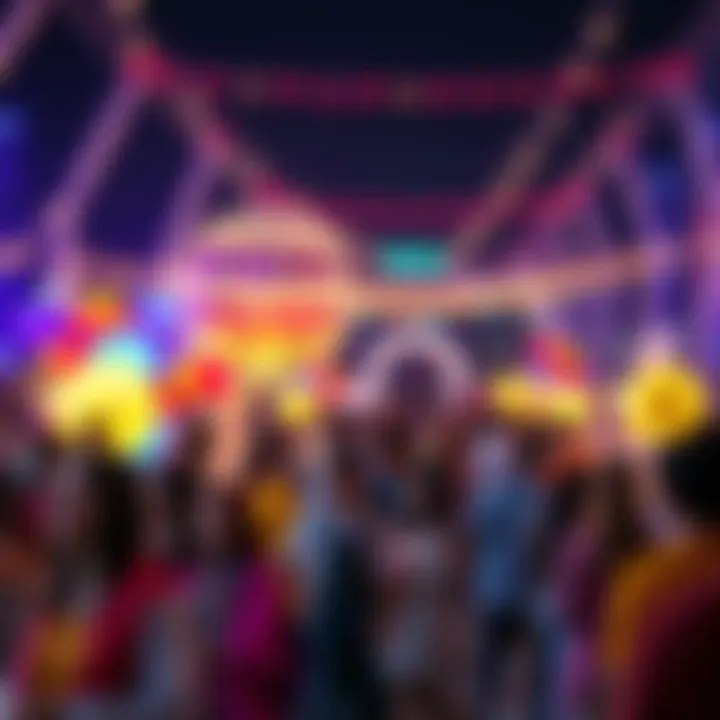 A lively scene of people enjoying the Cecilia experience, featuring colorful lights and engaging activities that create a festive atmosphere.
