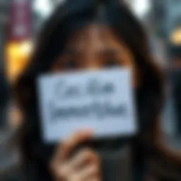 Close-up of a woman with long dark hair, holding a sign that says 'Cecilia Immerblue' with a confused expression, representing the mix-up with Furina.