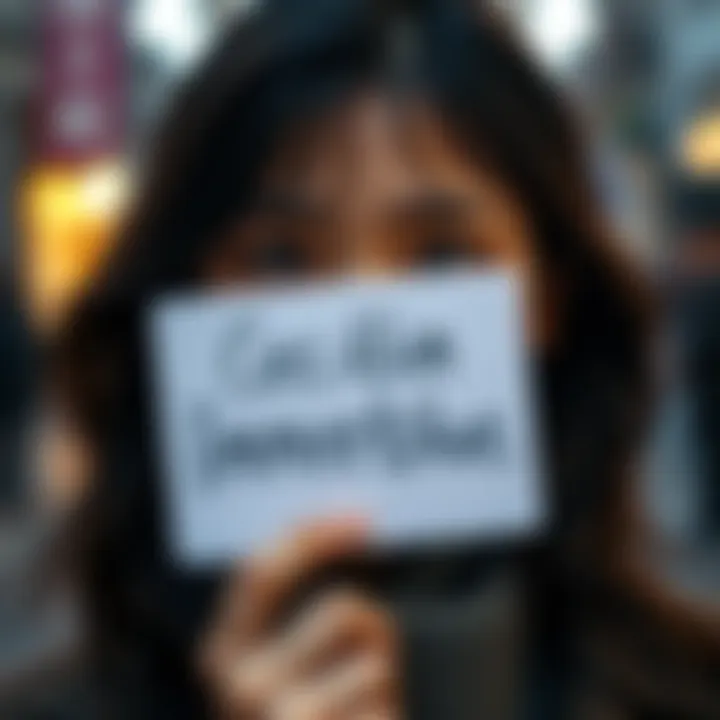 Close-up of a woman with long dark hair, holding a sign that says 'Cecilia Immerblue' with a confused expression, representing the mix-up with Furina.