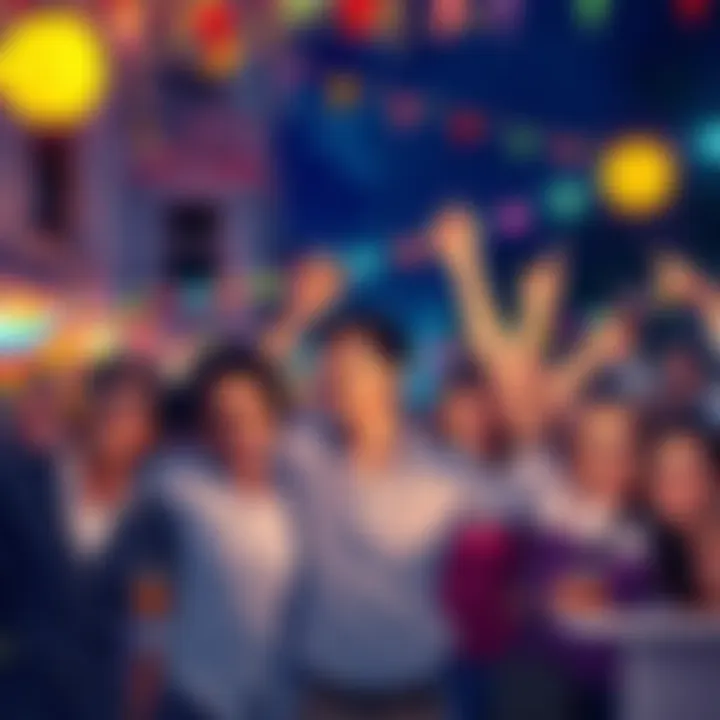 Celebrating Election Night A diverse group of people celebrating together on election night, displaying a mix of joy and optimism, with colorful lights and decorations in the background.