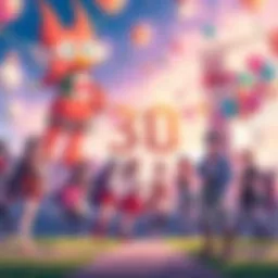 A festive scene featuring characters from Escaflowne with balloons and banners celebrating its 30th anniversary