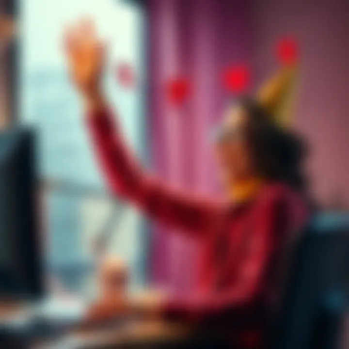 A person joyfully celebrating in front of a computer with a party hat and decorations