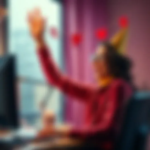 Celebrating 100th Post A person joyfully celebrating in front of a computer with a party hat and decorations